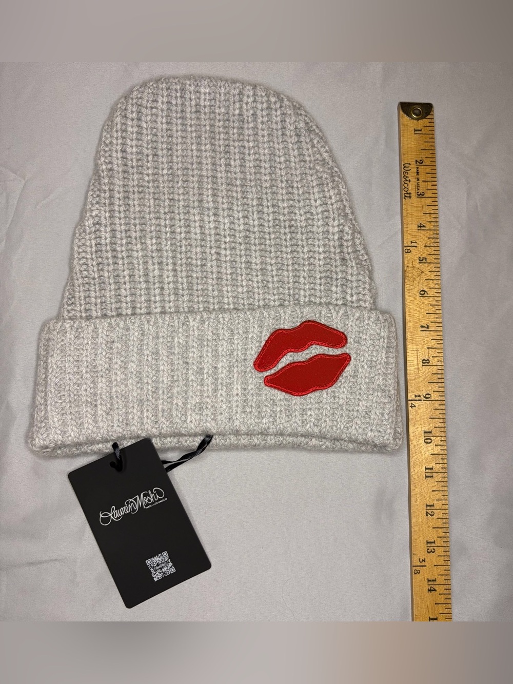 Lauren Moshi Gray Knit Beanie with Red Lips Patch